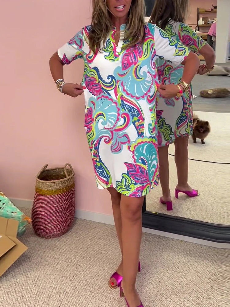 Women'S Summer Dress Loose V-Neck Mid-Length Dress Loose V-Neck Short-Sleeved Dress - Image 2