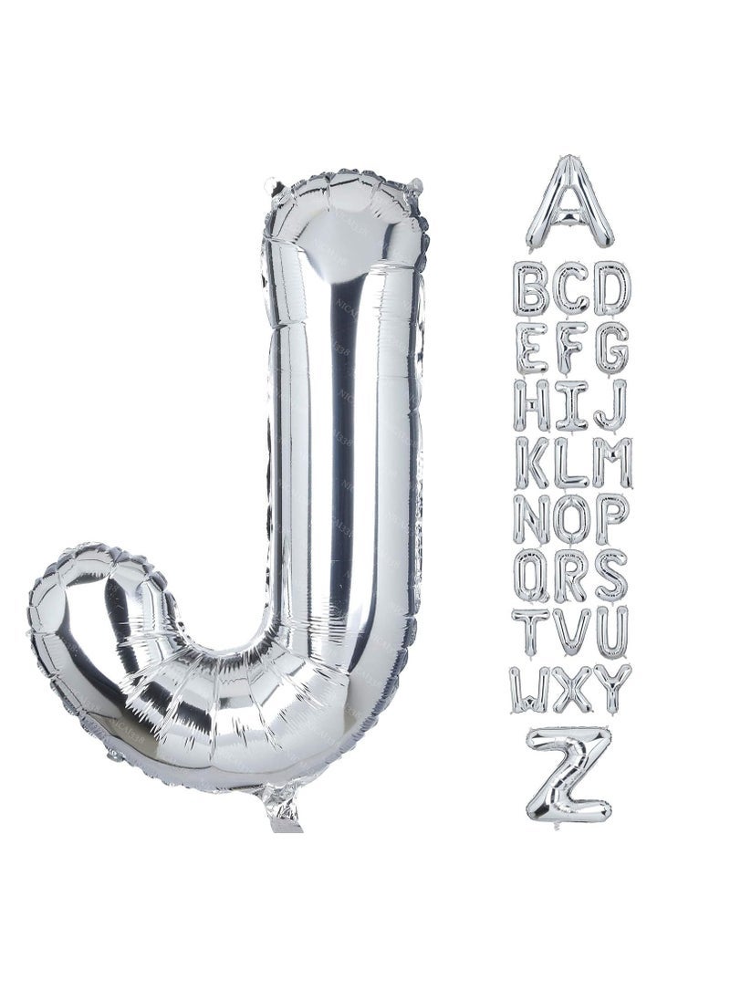 بارتي ويذ إيما الحروف الفضية من الألف إلى الياء بالونات 32 بوصة بالونات الأبجدية الكبيرة الفضة رقائق الهيليوم رسالة بالون لتزيين حفل عيد ميلاد الذكرى السنوية لزفاف الزفاف (فضي-J) - Image 1