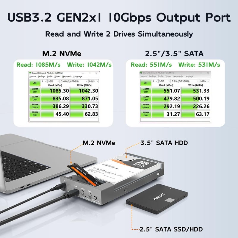 MAIWO External Hard Drive Enclosure for M.2 NVMe SSD and 2.5/3.5 Inch SATA SSD/HDD, Bidirectional Clone NVMe and SATA, USB 3.2 Gen2 (10Gbps) Type-C Hard Disk Adapter Docking Station - Image 4