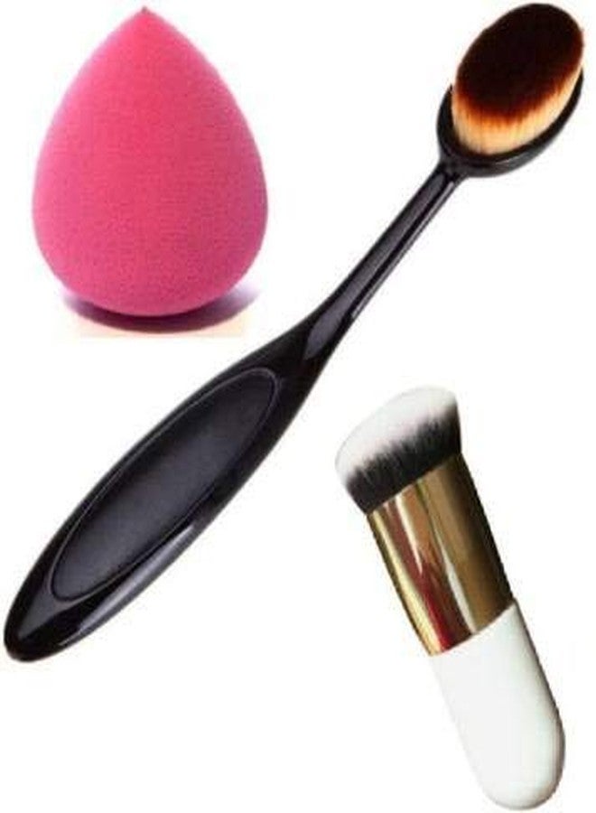 Makeup Cosmetic Brush and Oval Foundation Brush with Sponge Puff ( White) - Image 1