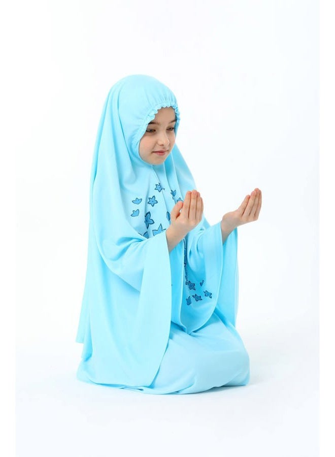 Elanesa  Girl's Prayer Dress with Star Printed Long Headscarf 987, turquoise, 10-11 Years - Image 4