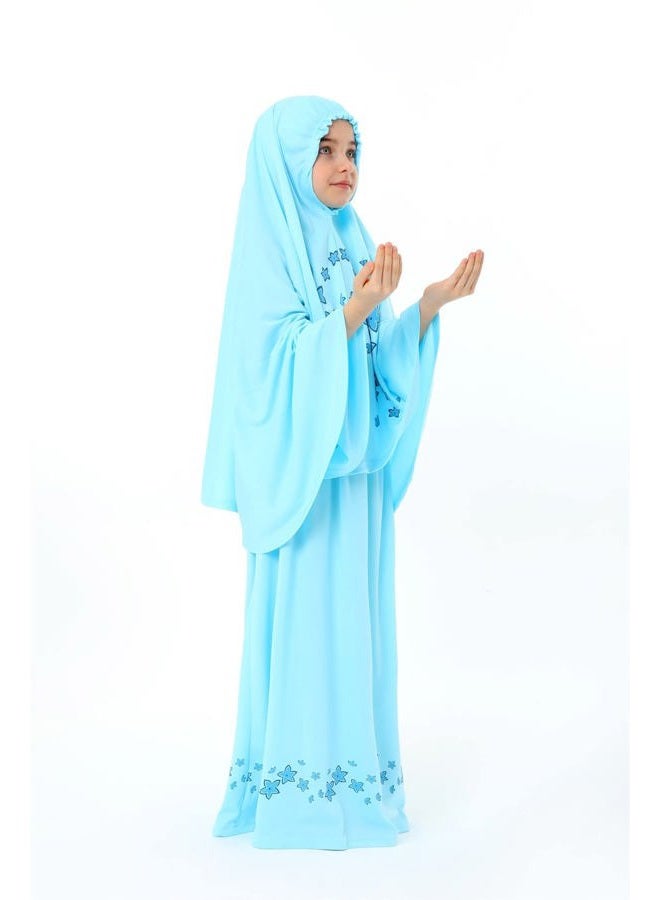 Elanesa  Girl's Prayer Dress with Star Printed Long Headscarf 987, turquoise, 10-11 Years - Image 3
