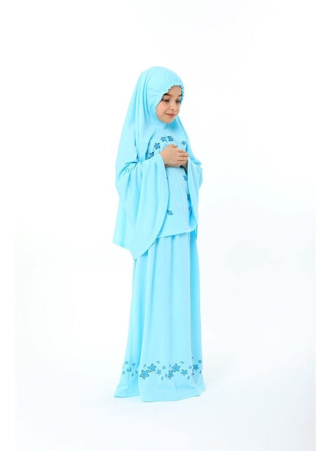 Elanesa  Girl's Prayer Dress with Star Printed Long Headscarf 987, turquoise, 10-11 Years - Image 2