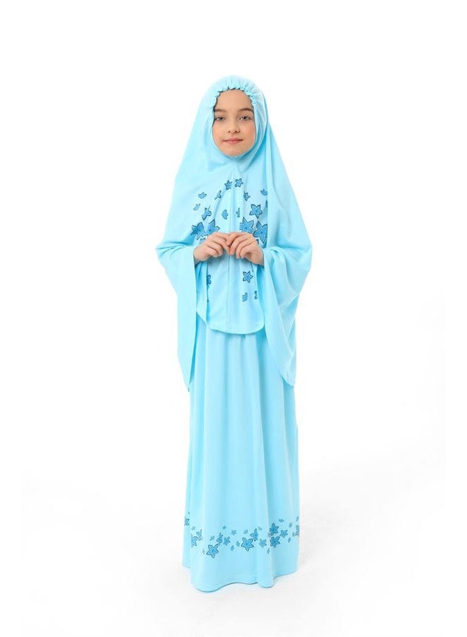 Elanesa  Girl's Prayer Dress with Star Printed Long Headscarf 987, turquoise, 10-11 Years - Image 1