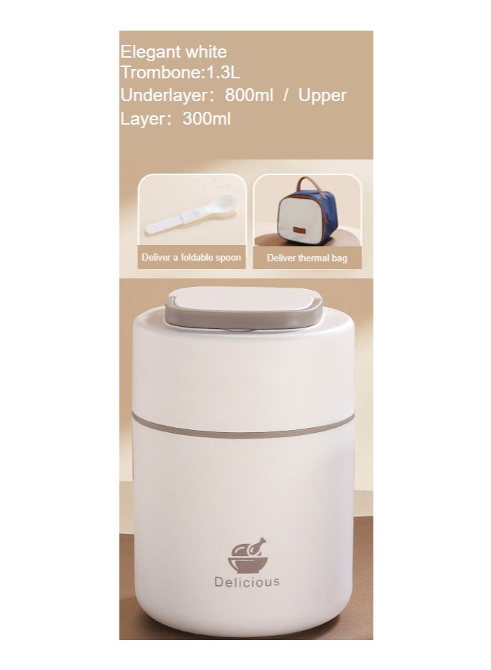 general 304 stainless steel, food storage box, lunch box, suitable for office work, can be heated in a microwave, portable and convenient for breakfast and lunch, multifunctional, clean, beautiful, hygienic, washable, airtight, no smell - milky white + thermal bag + folding spoon - Image 2