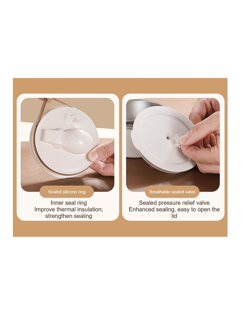 general 304 stainless steel, food storage box, lunch box, suitable for office work, can be heated in a microwave, portable and convenient for breakfast and lunch, multifunctional, clean, beautiful, hygienic, washable, airtight, no smell - milky white + thermal bag + folding spoon - Image 4