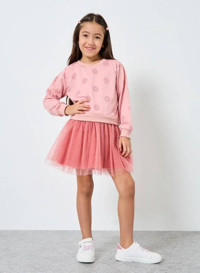 Styli Styli Girls Pink Flower Print Tulle Dress