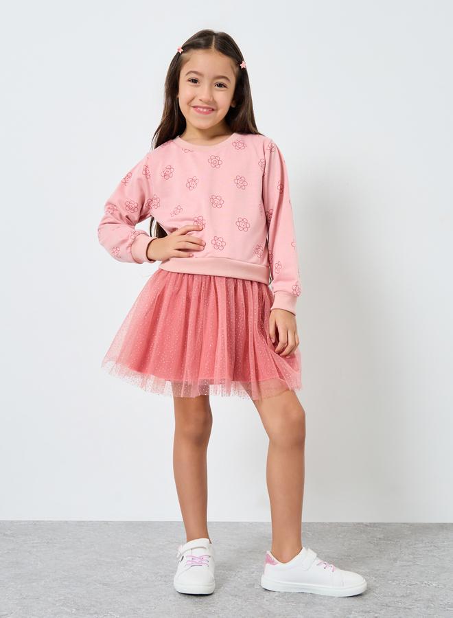 Styli Girls Pink Flower Print Tulle Dress - Image 1
