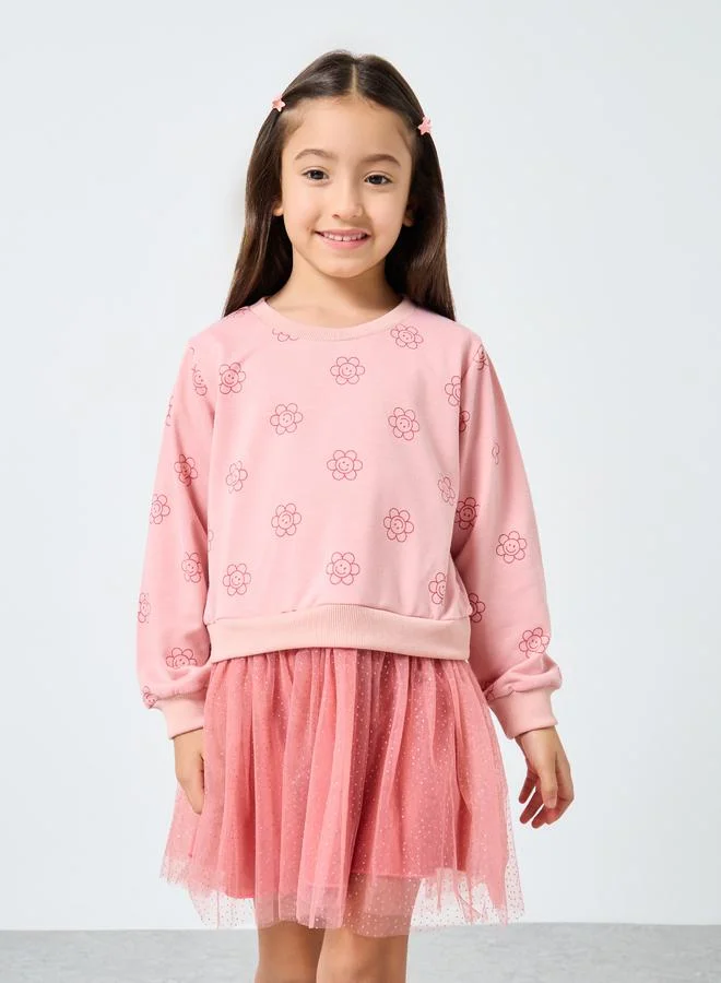 Styli Styli Girls Pink Flower Print Tulle Dress