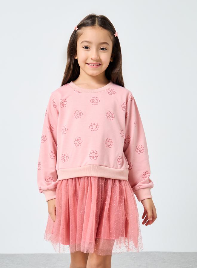 Styli Girls Pink Flower Print Tulle Dress - Image 2