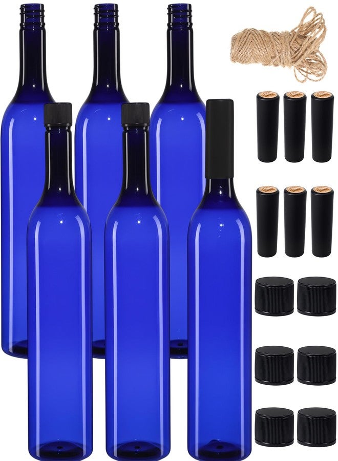 Potchen 6 Pack Plastic Wine Bottles 750ml Blue Empty Bordeaux Coquito Bottles with Screw Cap and Seal Rope for Wine Making Christmas Tree Wedding Party Decorations Champagne Beverages Liquor Storage - Image 1