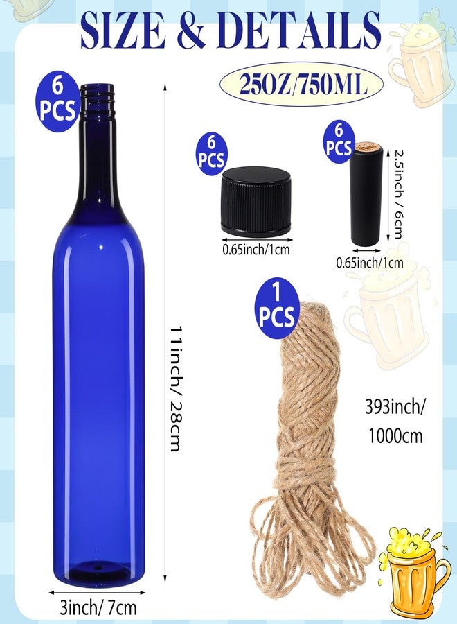 Potchen 6 Pack Plastic Wine Bottles 750ml Blue Empty Bordeaux Coquito Bottles with Screw Cap and Seal Rope for Wine Making Christmas Tree Wedding Party Decorations Champagne Beverages Liquor Storage - Image 2
