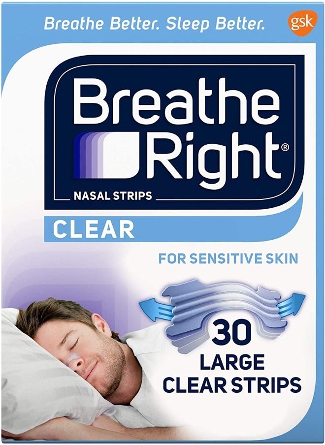 Breathe Right - Nasal Strips for Sensitive Skin, Large, Clear, 30 Strips - Image 1