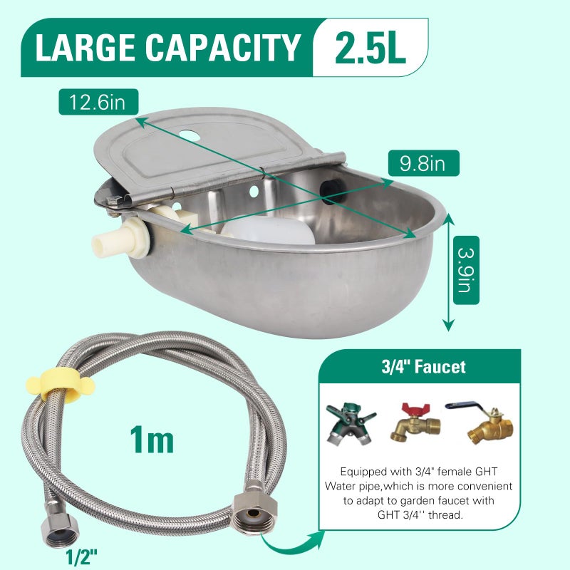 Abustle pig 304 Stainless Steel Automatic Livestock Waterer with Float Valve and 39 inch Water Hose(one end 3/4''), Automatic Animal Water Bowl for Dogs,Horse,Calf,Chicken,Goat, Livestock Horse Waterer Dispenser - Image 2