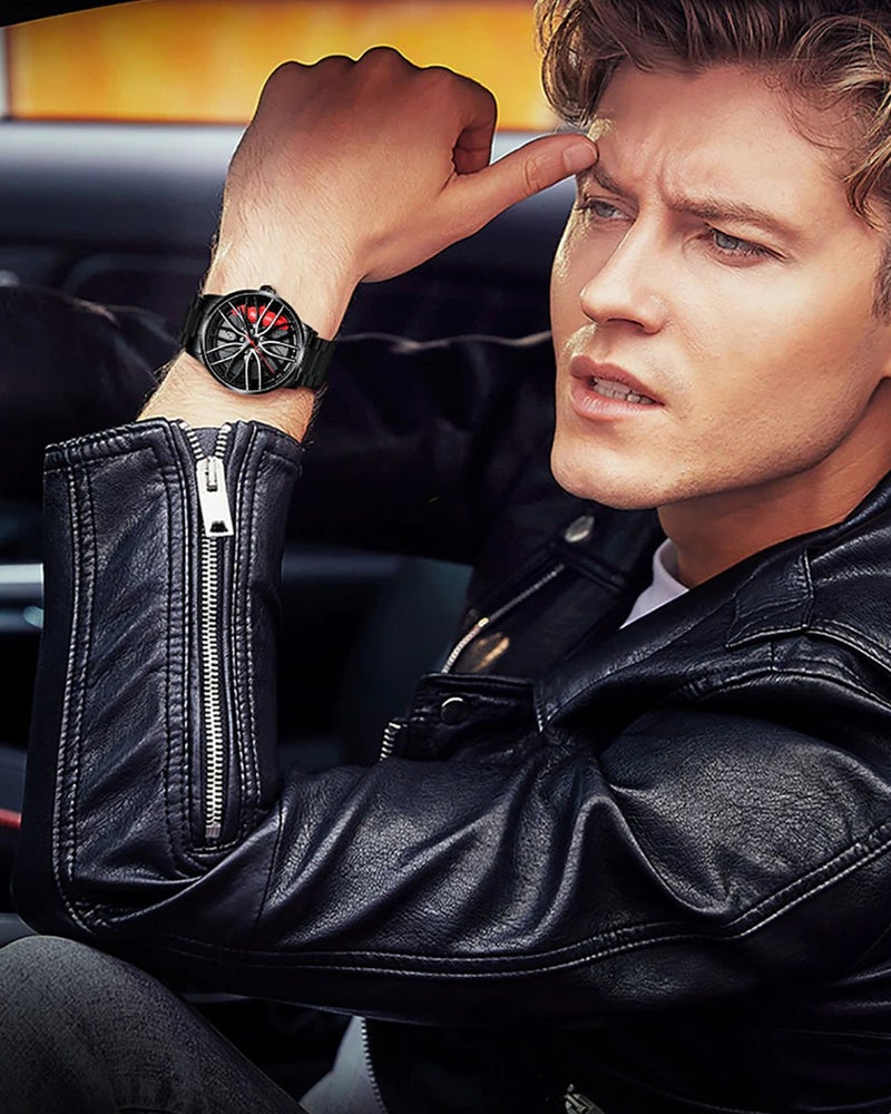 Car Watches for Men,Waterproof Stainless Steel Japanese Quartz Wrist Watch Sports Men’s Watches with Car Wheel Rim Hub Design - Image 3