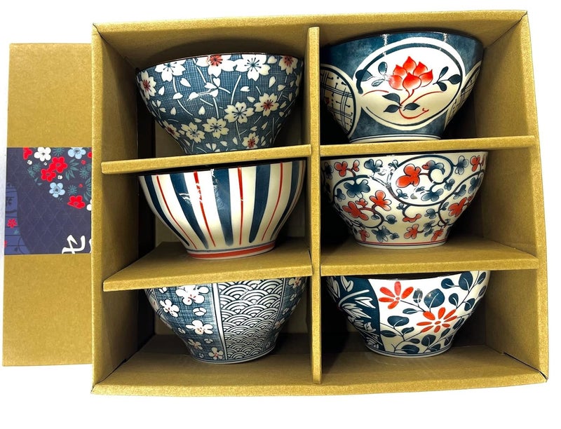 DLEST Porcelain Bowls Set 6 Pack Ceramic Cereal Bowls for Salad Rice Pasta Soup Large 300ml Capacity Microwave Dishwasher Safe Heat and Cold Resistant Floral Design Gift Box Packed - Image 1