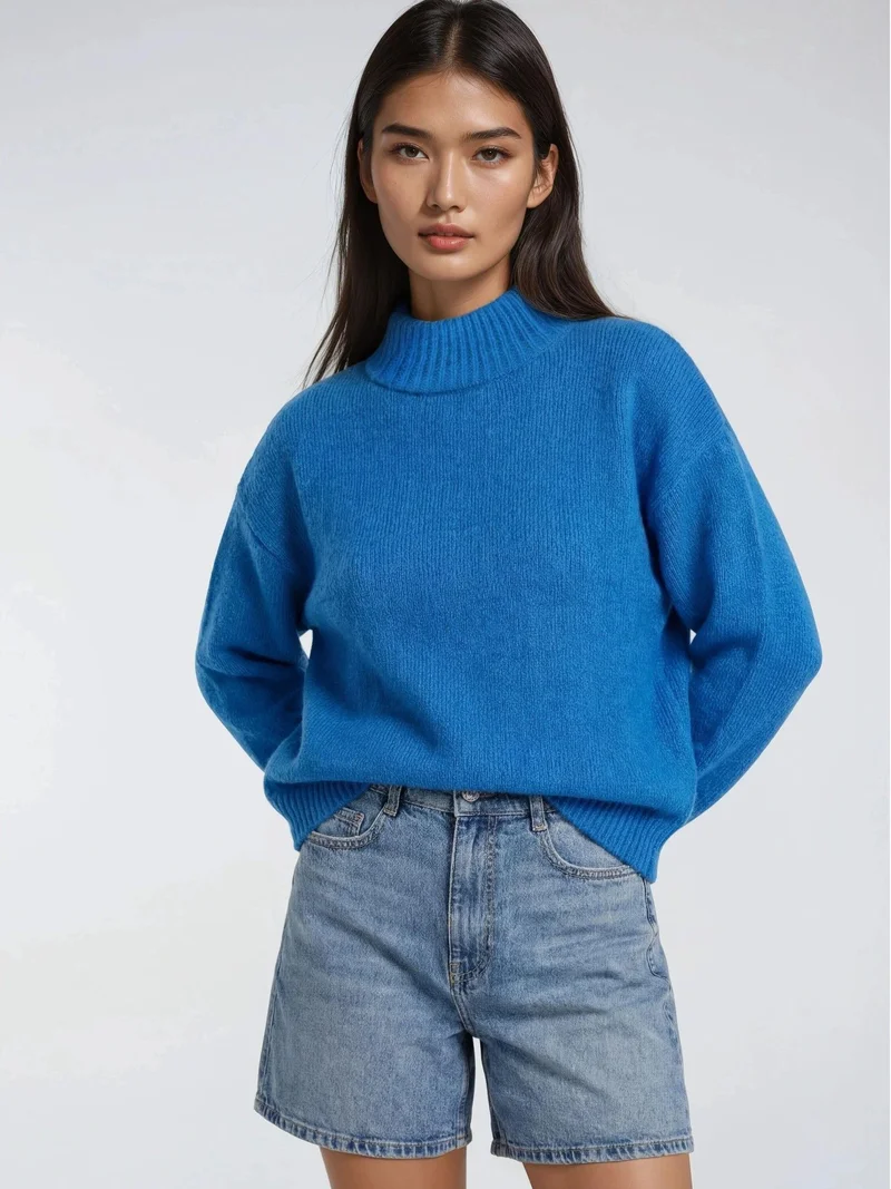 Mixray Cerulean Blue Mixray Relaxed Fit Crew Neck Thick Knit Sweater for Women | Best Price UAE