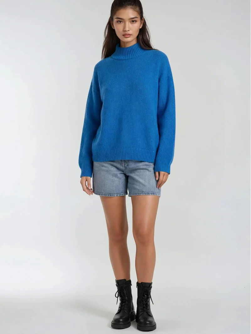 Mixray Cerulean Blue Mixray Relaxed Fit Crew Neck Thick Knit Sweater for Women | Best Price UAE