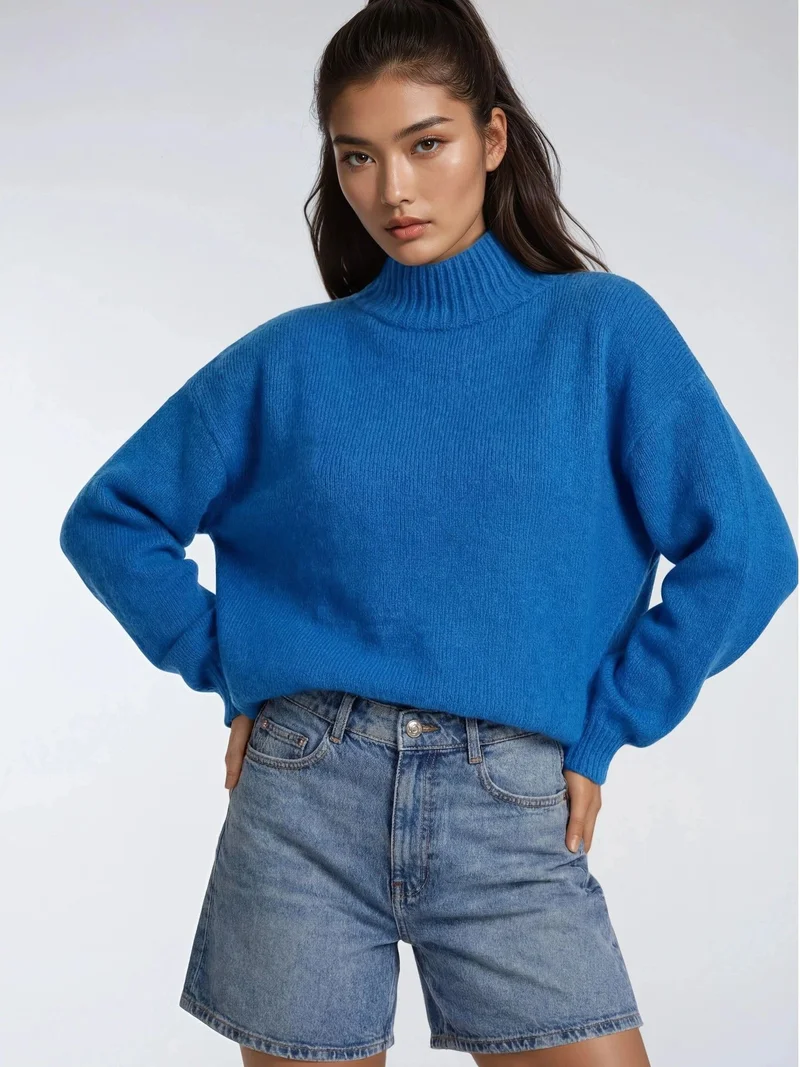Mixray Cerulean Blue Mixray Relaxed Fit Crew Neck Thick Knit Sweater for Women | Best Price UAE