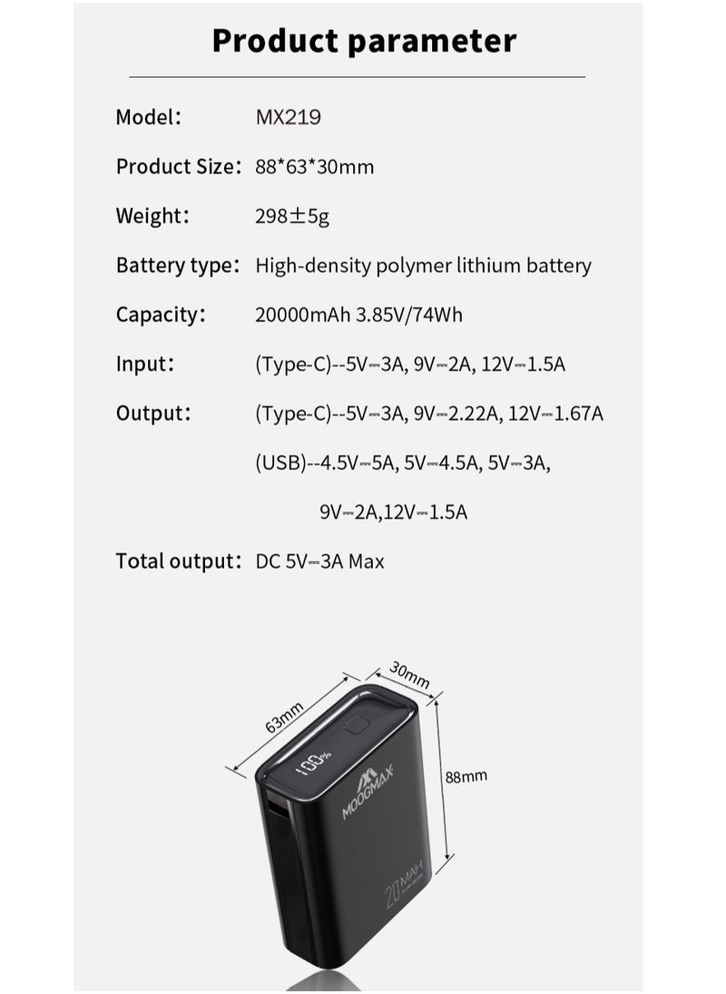 MOOGMAX - Marvel power bank 20000mAh with 22.5W, and an elegant design, small Mini size and weight, two ports (Type-C) & (USB-A), portable power bank fast charging, and a digital display screen. Black color - Image 1