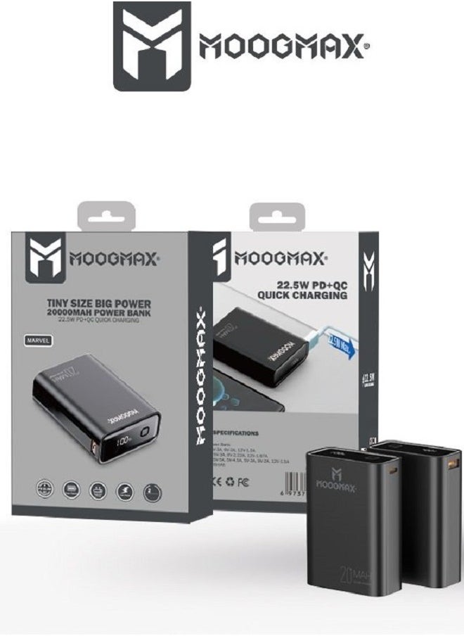 MOOGMAX - Marvel power bank 20000mAh with 22.5W, and an elegant design, small Mini size and weight, two ports (Type-C) & (USB-A), portable power bank fast charging, and a digital display screen. Black color - Image 1
