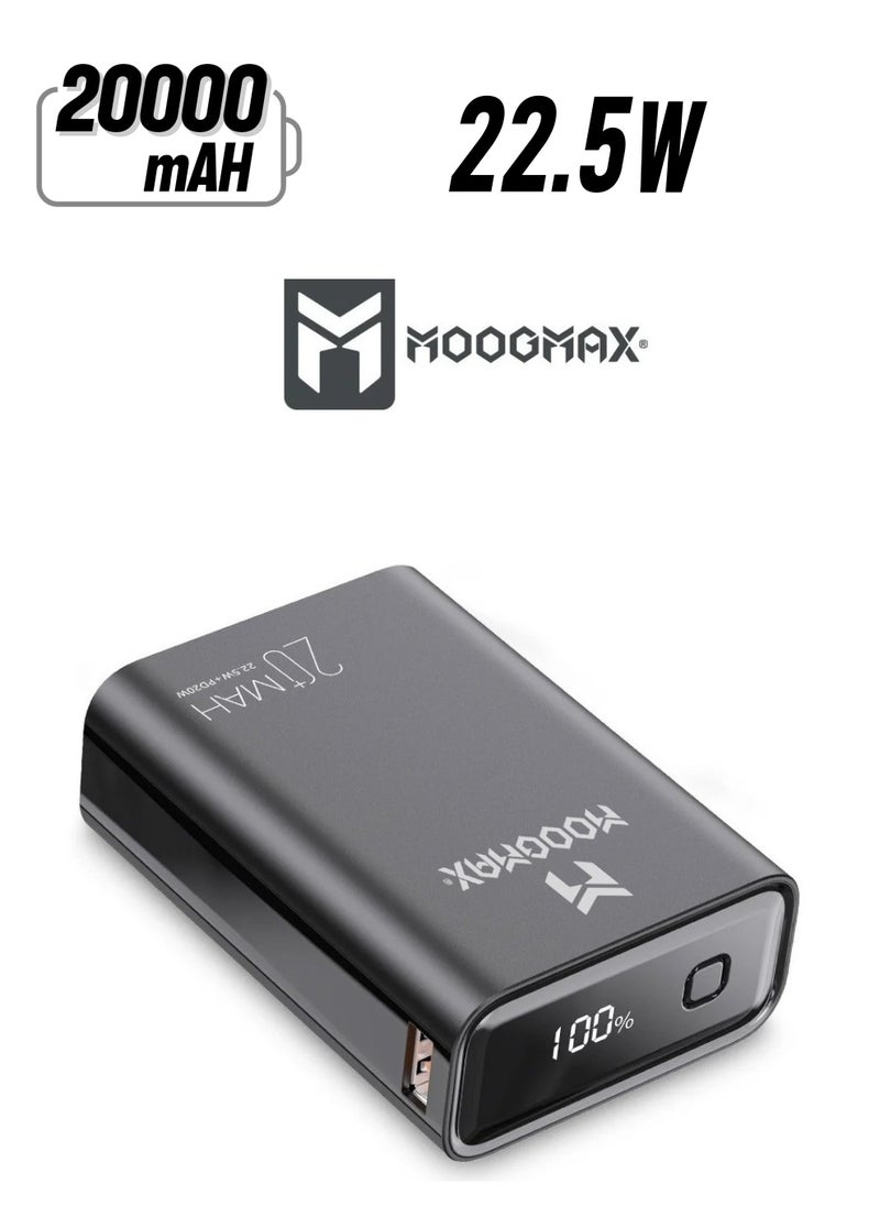 MOOGMAX - Marvel power bank 20000mAh with 22.5W, and an elegant design, small Mini size and weight, two ports (Type-C) & (USB-A), portable power bank fast charging, and a digital display screen. Black color - Image 1