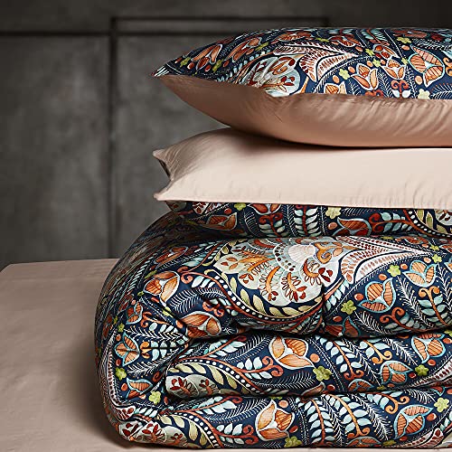 Cupocupa Queen Duvet Cover Set, Modern Industrial Luxury Bedding with Zipper Closure & Corner Ties, Soft Breathable Navy Teal Orange Floral Comforter Cover for Bedroom Guest Room Vintage Paisley - Image 5