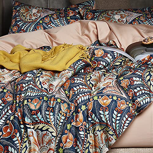 Cupocupa Queen Duvet Cover Set, Modern Industrial Luxury Bedding with Zipper Closure & Corner Ties, Soft Breathable Navy Teal Orange Floral Comforter Cover for Bedroom Guest Room Vintage Paisley - Image 3