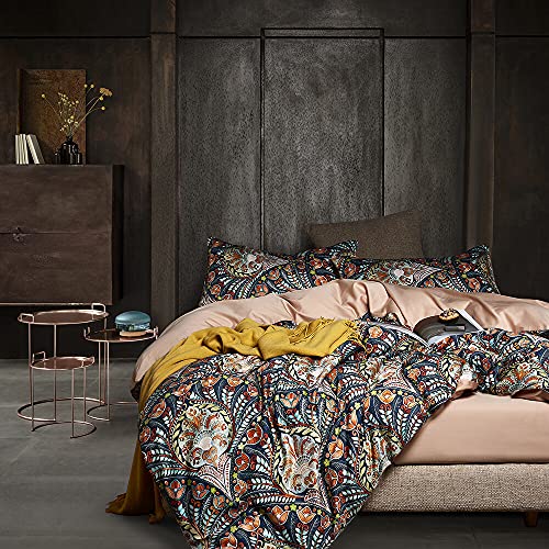 Cupocupa Queen Duvet Cover Set, Modern Industrial Luxury Bedding with Zipper Closure & Corner Ties, Soft Breathable Navy Teal Orange Floral Comforter Cover for Bedroom Guest Room Vintage Paisley - Image 1
