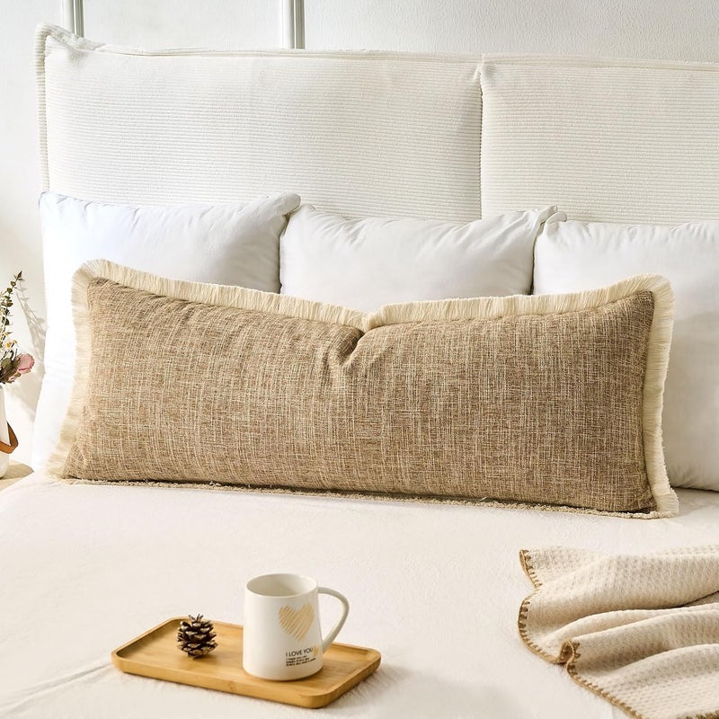 KWLET Boho Accent Pillowcase 14×36 Decorative Lumbar Throw Pillow Cover Farmhouse Cushion for Couch Sofa Bedroom Living Home Décor Khaki - Image 1