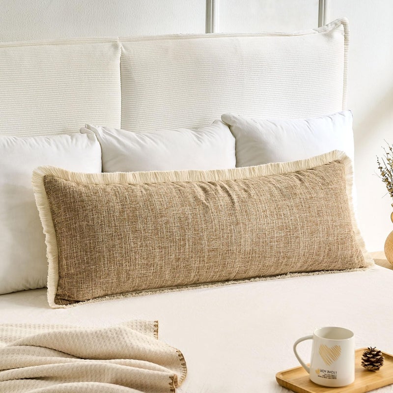 KWLET Boho Accent Pillowcase 14×36 Decorative Lumbar Throw Pillow Cover Farmhouse Cushion for Couch Sofa Bedroom Living Home Décor Khaki - Image 2