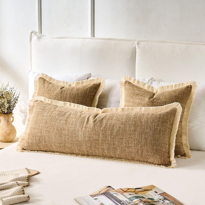 KWLET Boho Accent Pillowcase 14×36 Decorative Lumbar Throw Pillow Cover Farmhouse Cushion for Couch Sofa Bedroom Living Home Décor Khaki - Image 4