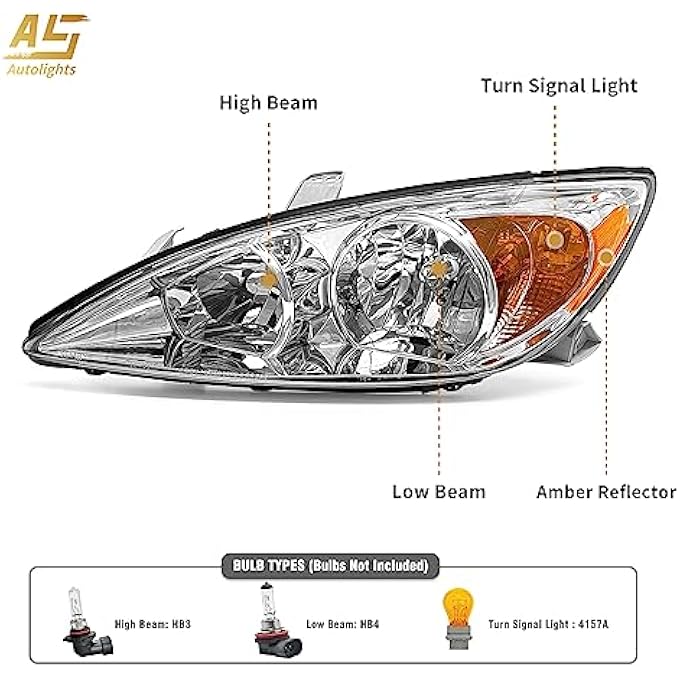 إيه إس مجموعة المصابيح الأمامية متوافقة مع تويوتا كامري 2002 و2003 و2004، غطاء كروم، عاكس كهرماني، عدسة شفافة، زوج جانبي السائق والراكب، غير مناسب لموديلات سولورا - Image 3