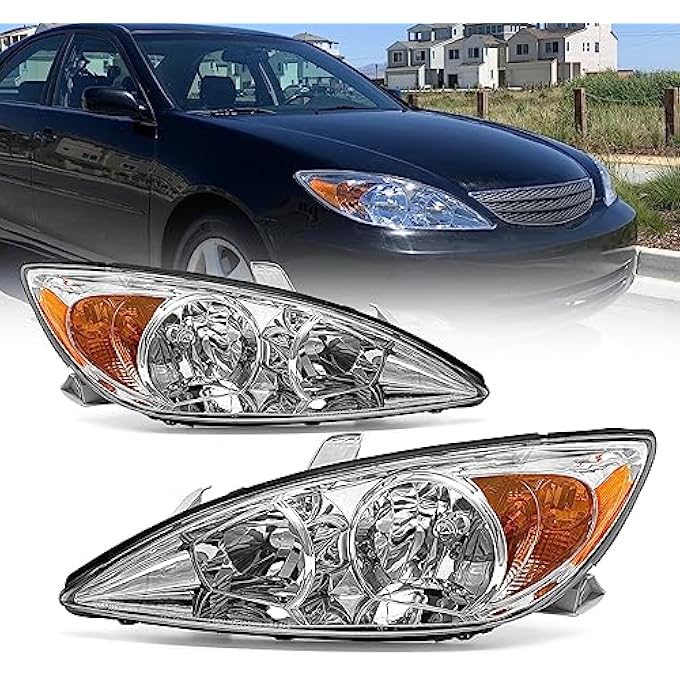 إيه إس مجموعة المصابيح الأمامية متوافقة مع تويوتا كامري 2002 و2003 و2004، غطاء كروم، عاكس كهرماني، عدسة شفافة، زوج جانبي السائق والراكب، غير مناسب لموديلات سولورا - Image 1