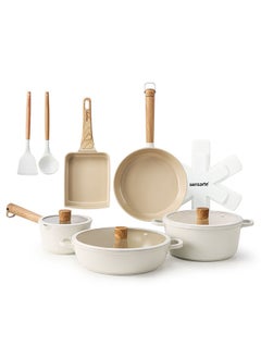Sensarte 15 Piece Ceramic Non-Stick Cookware Set With Wooden Handles, PFOA/PFOS/APEO Free, 1X24Cm Casserole With Lid, 1X28Cm Shallow Casserole With Lid, 1X24Cm Fry Pan, 1X18Cm Sauce Pan With Lid, 1X18Cm Pot, 2 Silicone Utensils, 4X Pan Protector, Cream White  - Image 1