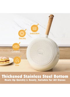 Sensarte 15 Piece Ceramic Non-Stick Cookware Set With Wooden Handles, PFOA/PFOS/APEO Free, 1X24Cm Casserole With Lid, 1X28Cm Shallow Casserole With Lid, 1X24Cm Fry Pan, 1X18Cm Sauce Pan With Lid, 1X18Cm Pot, 2 Silicone Utensils, 4X Pan Protector, Cream White  - Image 3