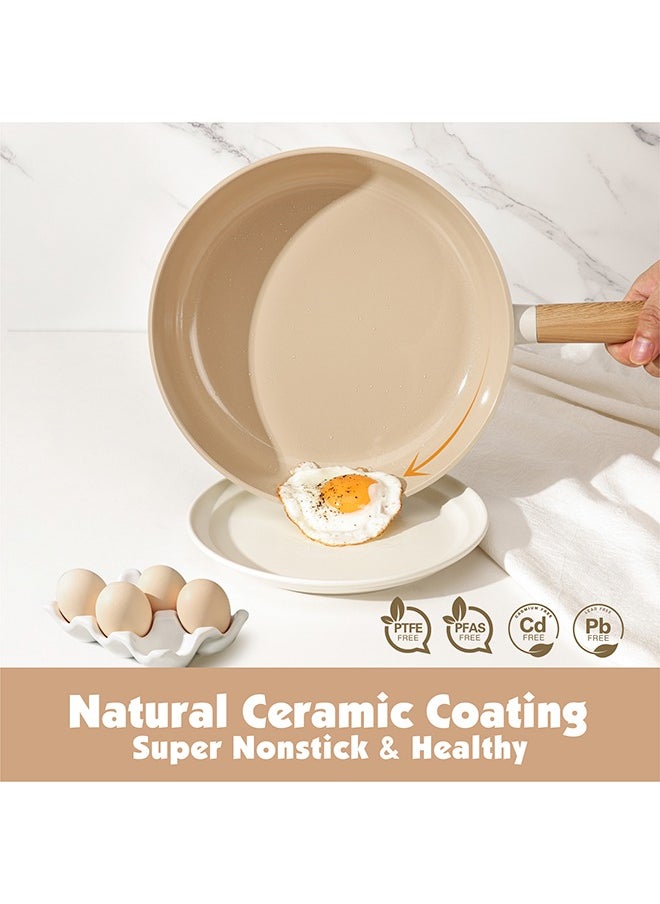 Sensarte - 15 Piece Ceramic Non-Stick Cookware Set With Wooden Handles, PFOA/PFOS/APEO Free, 1X24Cm Casserole With Lid, 1X28Cm Shallow Casserole With Lid, 1X24Cm Fry Pan, 1X18Cm Sauce Pan With Lid, 1X18Cm Pot, 2 Silicone Utensils, 4X Pan Protector, Cream White - Image 1