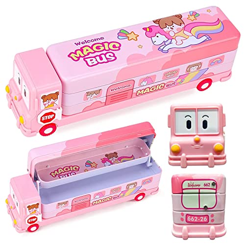 Brand Conquer Metal Bus Shape Pencil Box School Bus Geometry Box for Kids Magic Bus with Moving Tyres with 3 Compartments Moving Tyre's & Sharpener Geometry Case for Boys & Girls (Unicorn Bus), Pink - Image 1