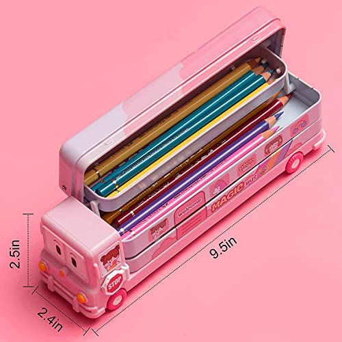 Brand Conquer Metal Bus Shape Pencil Box School Bus Geometry Box for Kids Magic Bus with Moving Tyres with 3 Compartments Moving Tyre's & Sharpener Geometry Case for Boys & Girls (Unicorn Bus), Pink - Image 2
