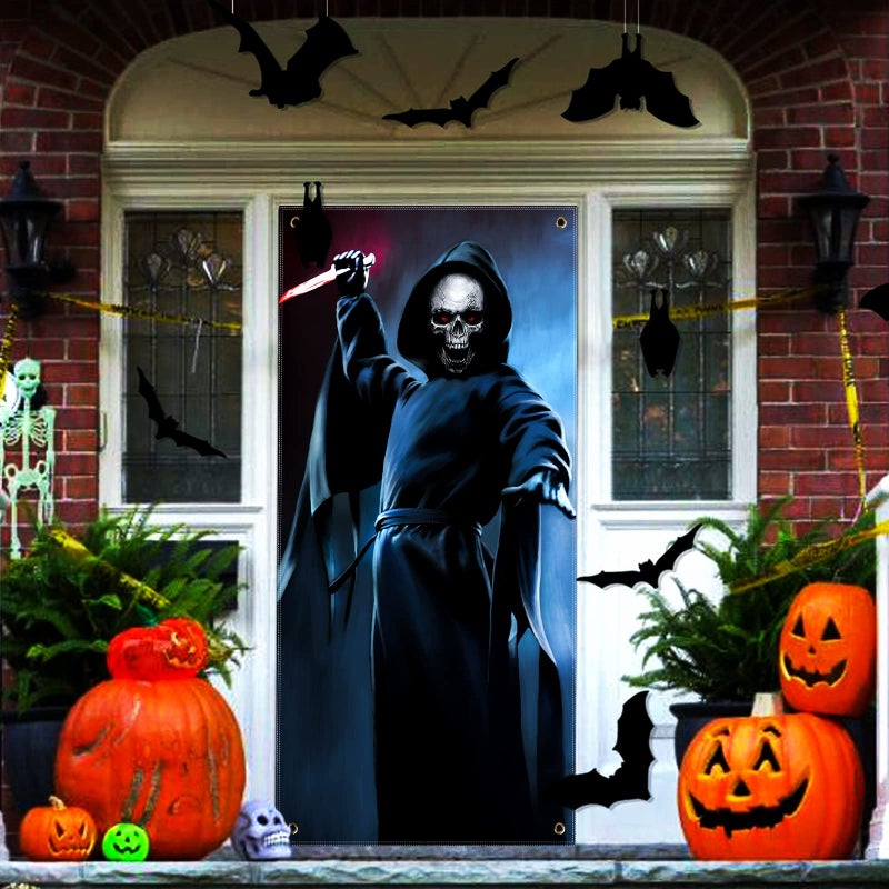 CCINEE Halloween Banner Backdrop Decorations Fabric Window Scary Door Cover Horror Killer Creepy Scary Skeleton Decoration for Front Door Halloween Photo Booth Props Party Favors Supplies - Image 1