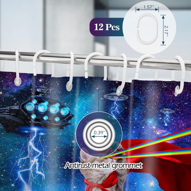 Aimego Funny Cat Shower Curtains for Bathroom - Cool Cute Cat on Fantasy Outer Space Galaxy Universe UFO Fun Shower Curtain Set with 12 Hooks for Adults Kids Bathroom Decor Accessories  72""x72"" - Image 2