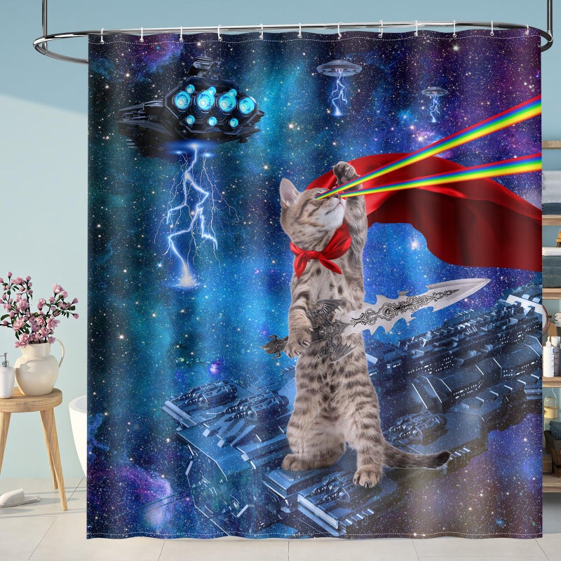 Aimego Funny Cat Shower Curtains for Bathroom - Cool Cute Cat on Fantasy Outer Space Galaxy Universe UFO Fun Shower Curtain Set with 12 Hooks for Adults Kids Bathroom Decor Accessories  72""x72"" - Image 1
