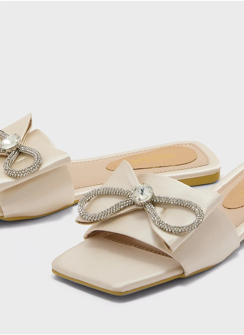 Truffle Embellished Bow Satin Flat Sandal