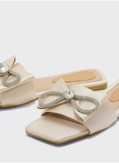 Truffle Embellished Bow Satin Flat Sandal  - Image 4