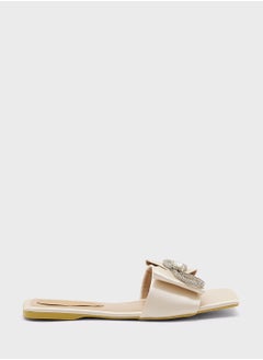 Truffle Embellished Bow Satin Flat Sandal  - Image 1