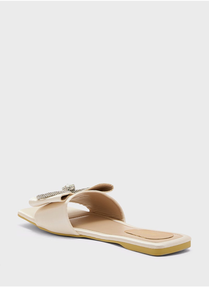 Truffle Embellished Bow Satin Flat Sandal  - Image 3