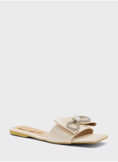 Truffle Embellished Bow Satin Flat Sandal  - Image 2