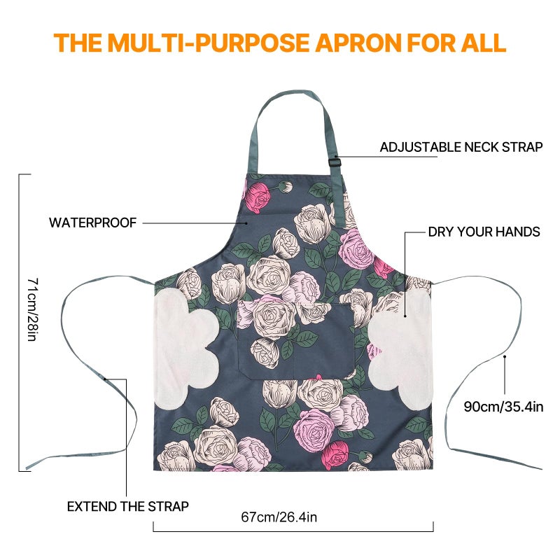 DILLMAN 2 Pack Floral Aprons with Pocket Blooming Womens Waterproof Adjustable Cooking Aprons Kitchen Gardening Salon (Blue and Green) - Image 4
