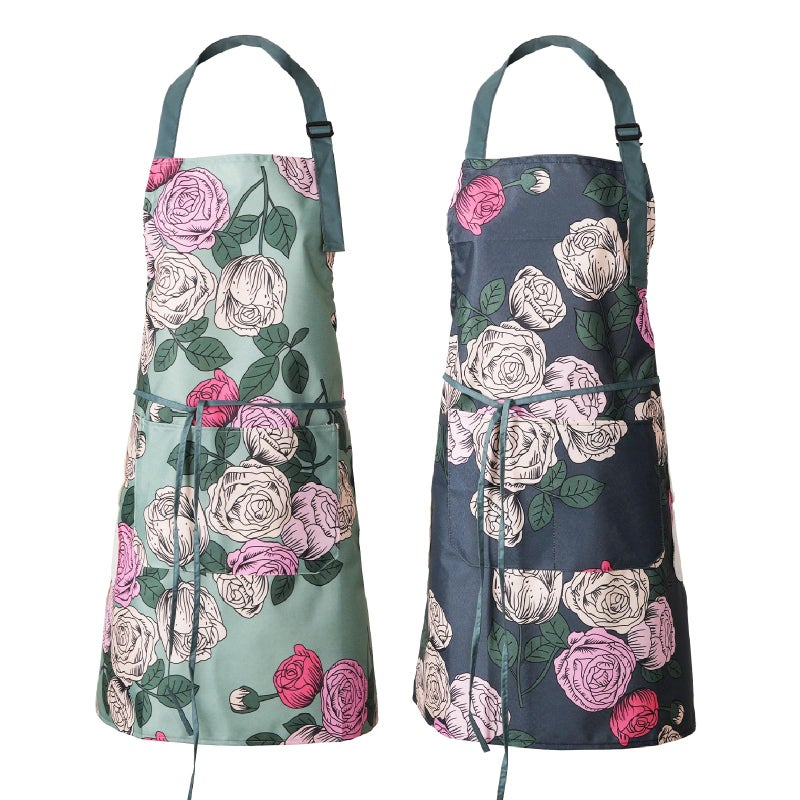DILLMAN 2 Pack Floral Aprons with Pocket Blooming Womens Waterproof Adjustable Cooking Aprons Kitchen Gardening Salon (Blue and Green) - Image 1