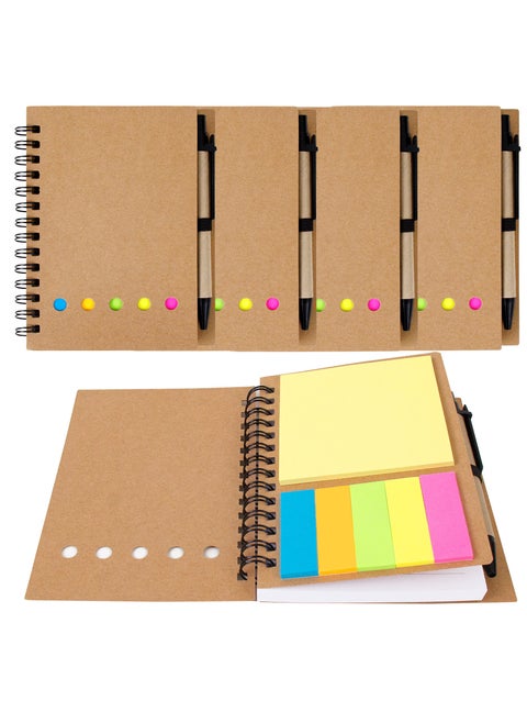 4 Pack Spiral Notebooks Lined Notepad with Pen in Holder and Sticky Notes and Page Marker Colored Index Tabs Flags